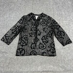 Chicos Jacket Womens Large 2 Black Lace Flocked Scroll Open Front 3/4 Sleeve